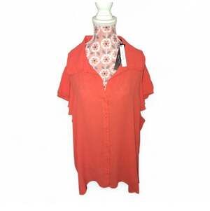 Tahari Woman Orange Ruffle Sleeve Button Down Blouse Size 3X